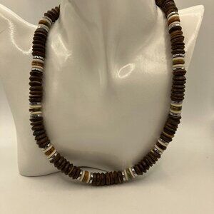Men's 18.5 inch Choker Wood Beads (7 in a row), Gemstones, Hematite + stone bead
